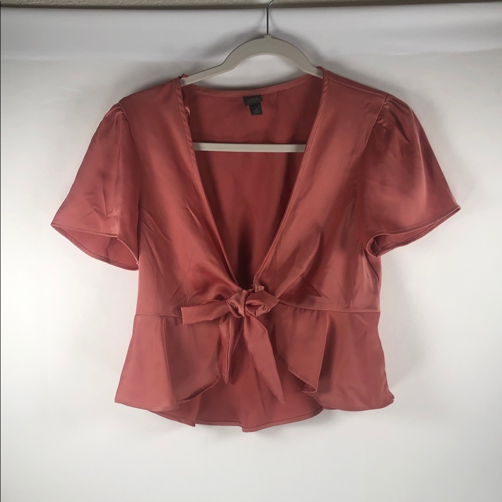 Tie-Front Cutaway Satin Women’s Top with Flutter Sleeve‎